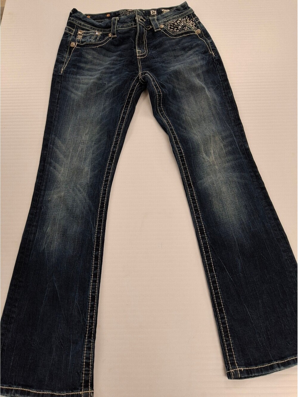 Miss Me Women's Mid-Rise Easy Boot Jeans Size 27 with Embellished Pockets